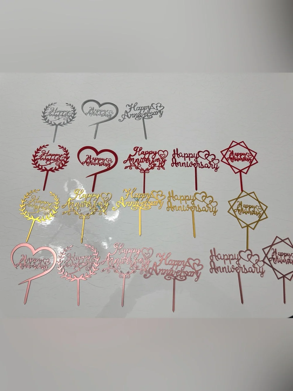 Happy Anniversary Cake Toppers - Gold, Rose Gold, Red, Silver 19 counts